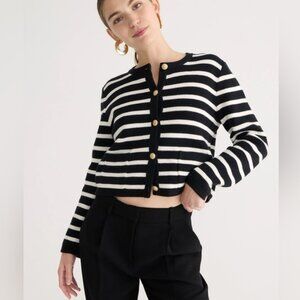 J.Crew Emilie patch-pocket sweater lady jacket in black ivory stripe size 2X